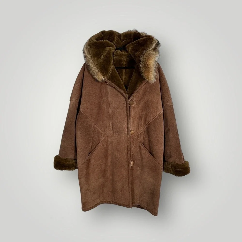 Marvin Richards Genuine Leather Suede Fur Trimmed Hooded Winter Coat Medium - Picture 2 of 8